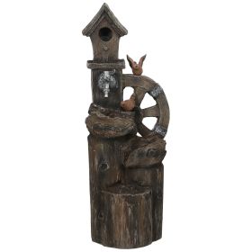 Outsunny 2-in-1 Outdoor Water Fountain with Birdhouse, Outdoor Waterfall Fountain with LED Lights Pump, Tree Trunk Outdoor Water Feature