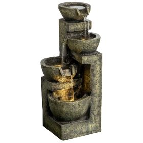 Outdoor Fountain with 4-Tier Stacked Stone Look Bowls, Cascading Waterfall, Adjustable Flow & LED Lights, Rustic Décor for Patio, Zen Garden, Bac