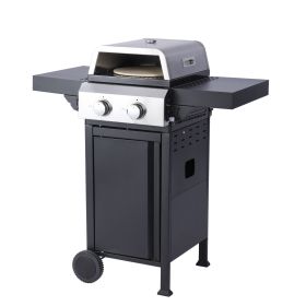 2-Burner Propane Gas BBQ Grill, Pizza Box, 24600BTU Output With Wire Enamel Cooking Grids For Outdoor Barbecue, Foldable Side Table, Hanging Bask