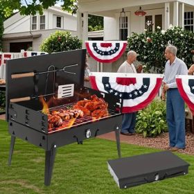 Barbecue Charcoal Grill Folding Portable, Windproof and thickened tool box design, durable, foldable structure lightweight and compact (Color: Black)